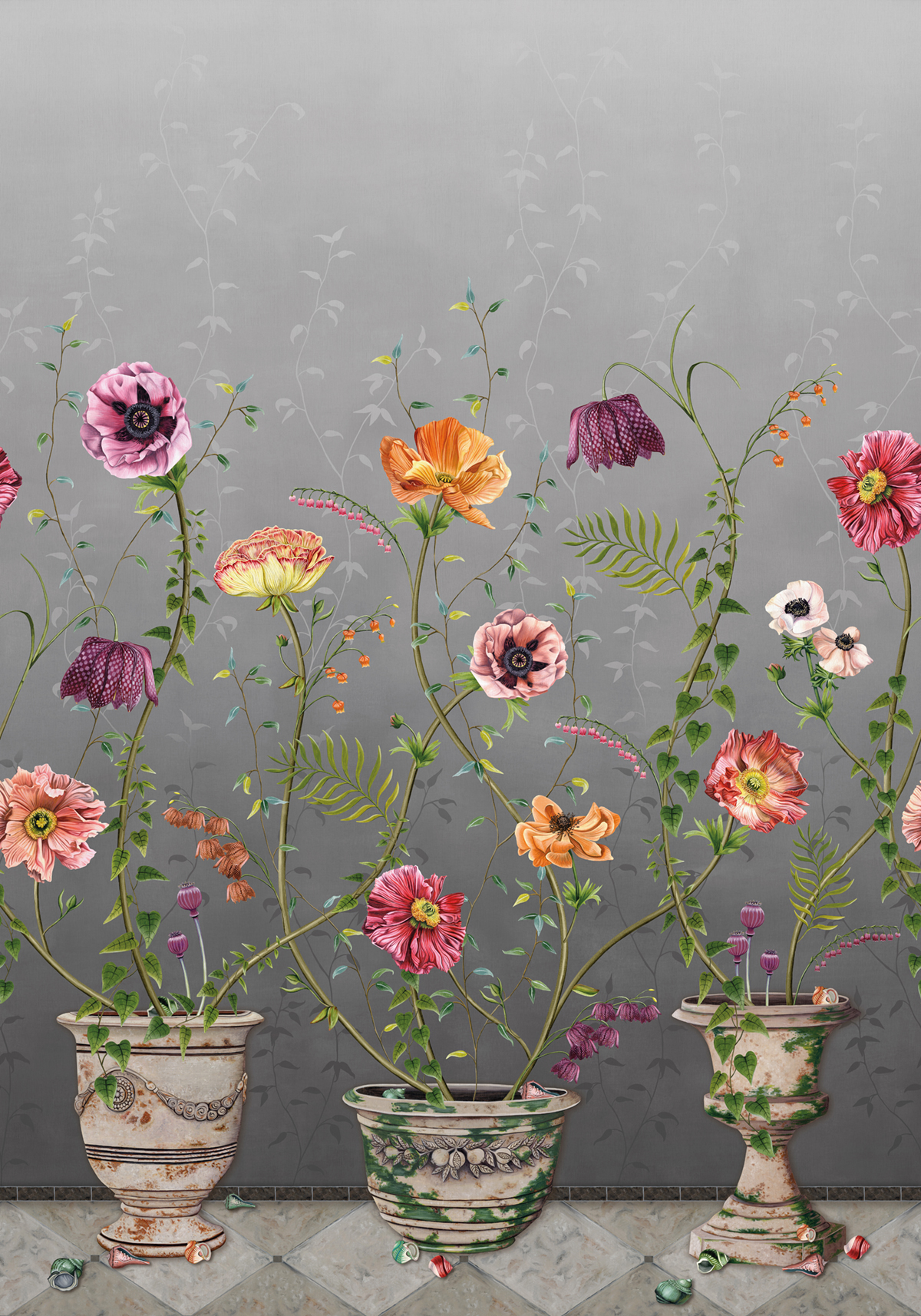Papier peint panoramique Pots de Fleurs gris - Lamorran d'Osborne & Little | Réf. OSB-W7683-04