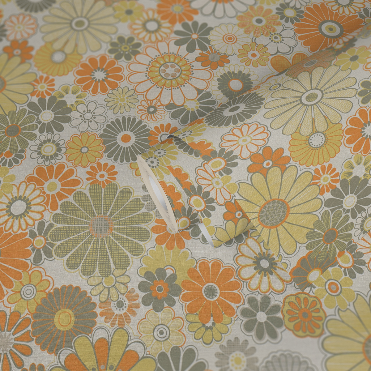 Papier peint Marguerite Vintage vert lichen orange - Retro Chic d'A.S. Création | Réf. AS-395353