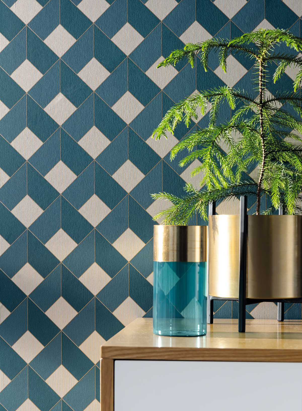 Papier peint Géométrique 3D canard et doré - Only Blue de Casélio | Réf. ONB100126062