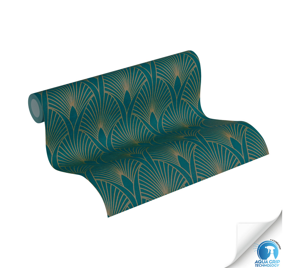 Papier peint préencollé Art Déco Palme bleu canard - Designdrop d'A.S. Création ROLL | Réf. AS-784931
