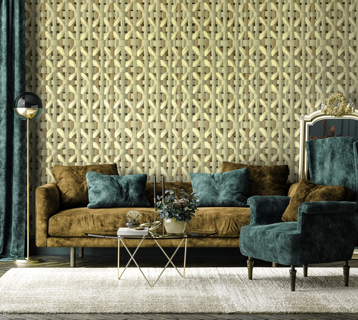 Papier peint Claustra Bois beige vert métallisé - Ornata de Montecolino | Réf. MC-65335