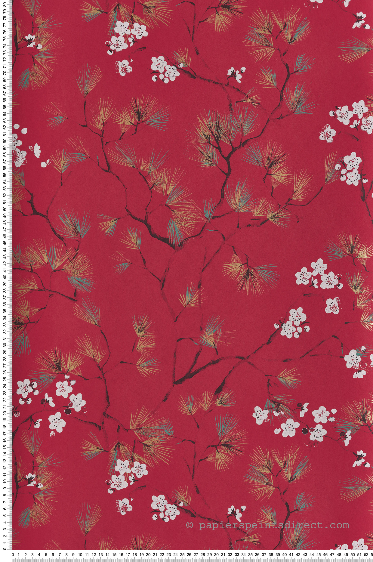 Papier peint Fleurs Japonaise Haru rouge doré - Kimono de Masureel | Réf. MAS-KIM107