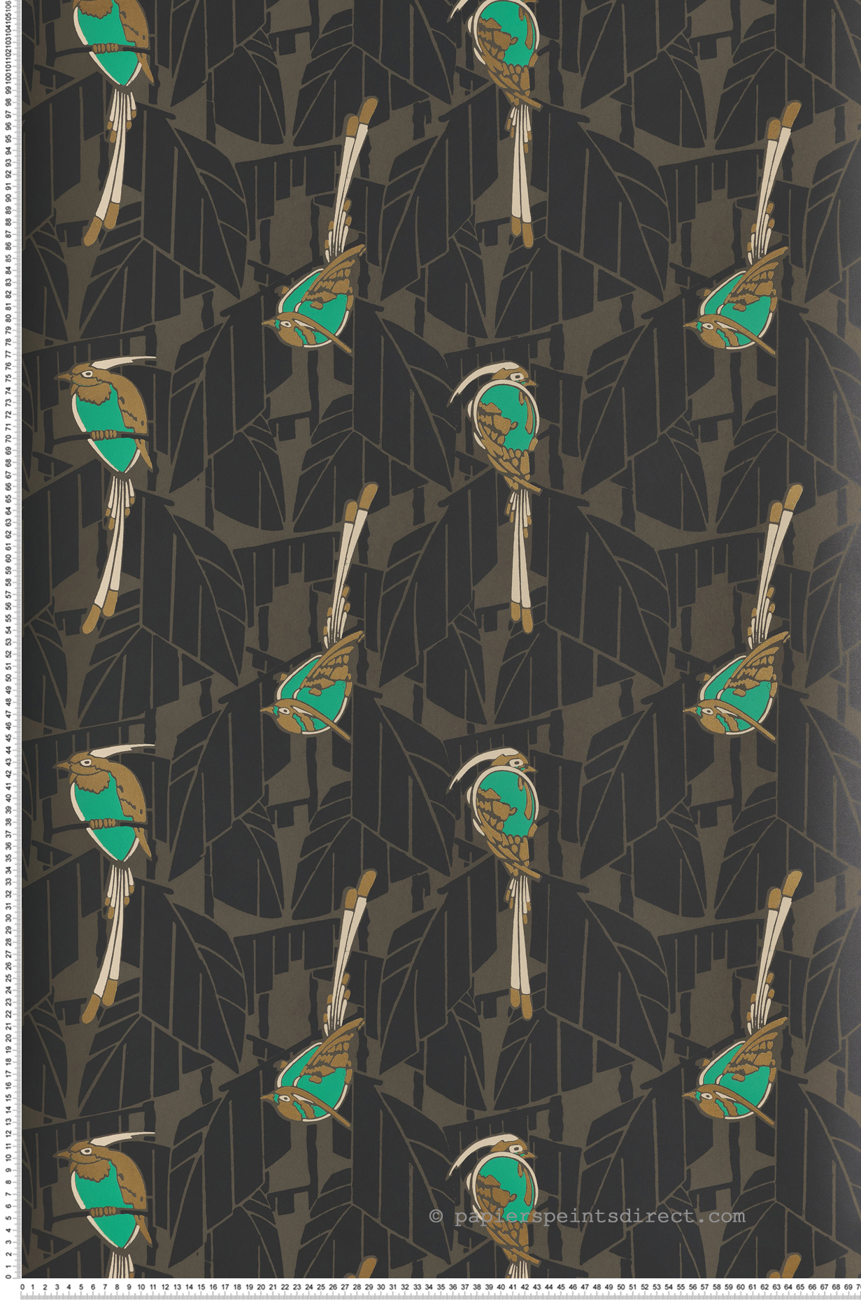 Papier peint Oiseau Graphique Kardinal vert doré - Folies de Masureel | Réf. MAS-FOL601