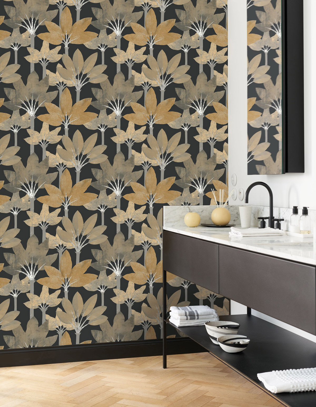 Papier peint Forêt Métallisé Babel noir mordoré - Babylone de Casadéco | Réf. BBLN89712390