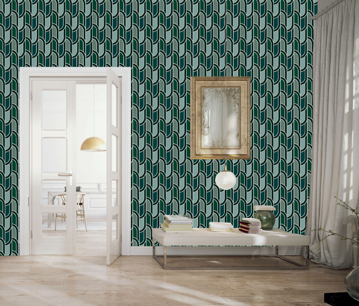 Papier peint Vintage Géométrique Marcel bleu vert - Villa Rosalie de Lutèce | Réf. LTC-51223904