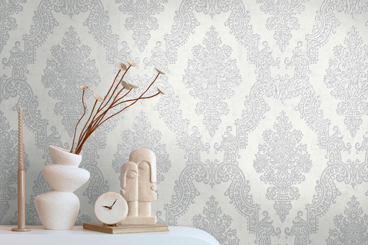 Papier peint Médaillon Baroque blanc cassé argenté - Pure Elegance d'A.S. Création | Réf. AS-397655