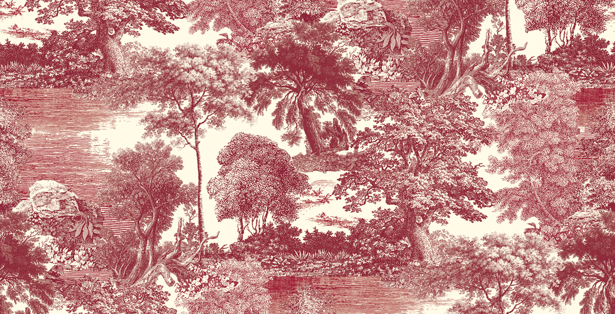 Papier peint panoramique Toile de Jouy Salcey rouge - A, B, C et D H260 - Amazone de Masureel | Réf. MAS-DGSAL105X-260