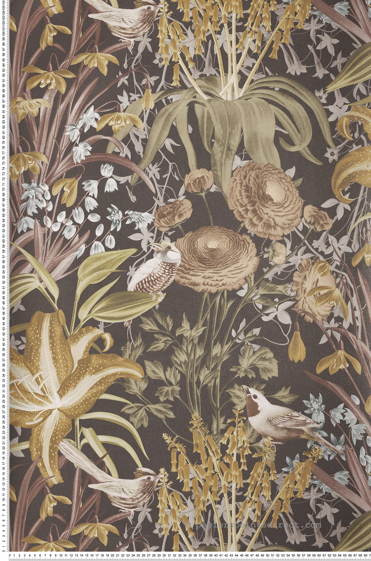 Papier peint Oiseaux et Fleurs Moorea marron et pailleté - Moorea de Montecolino | Réf. MC-26729