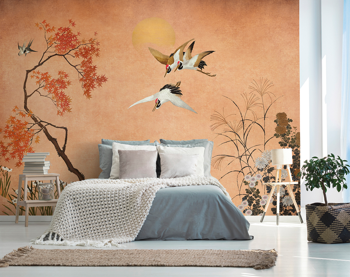 Papier peint panoramique Oiseau Crisantemos corail - Panorama 2 de Lutèce | Réf. LTC-PAN1593C