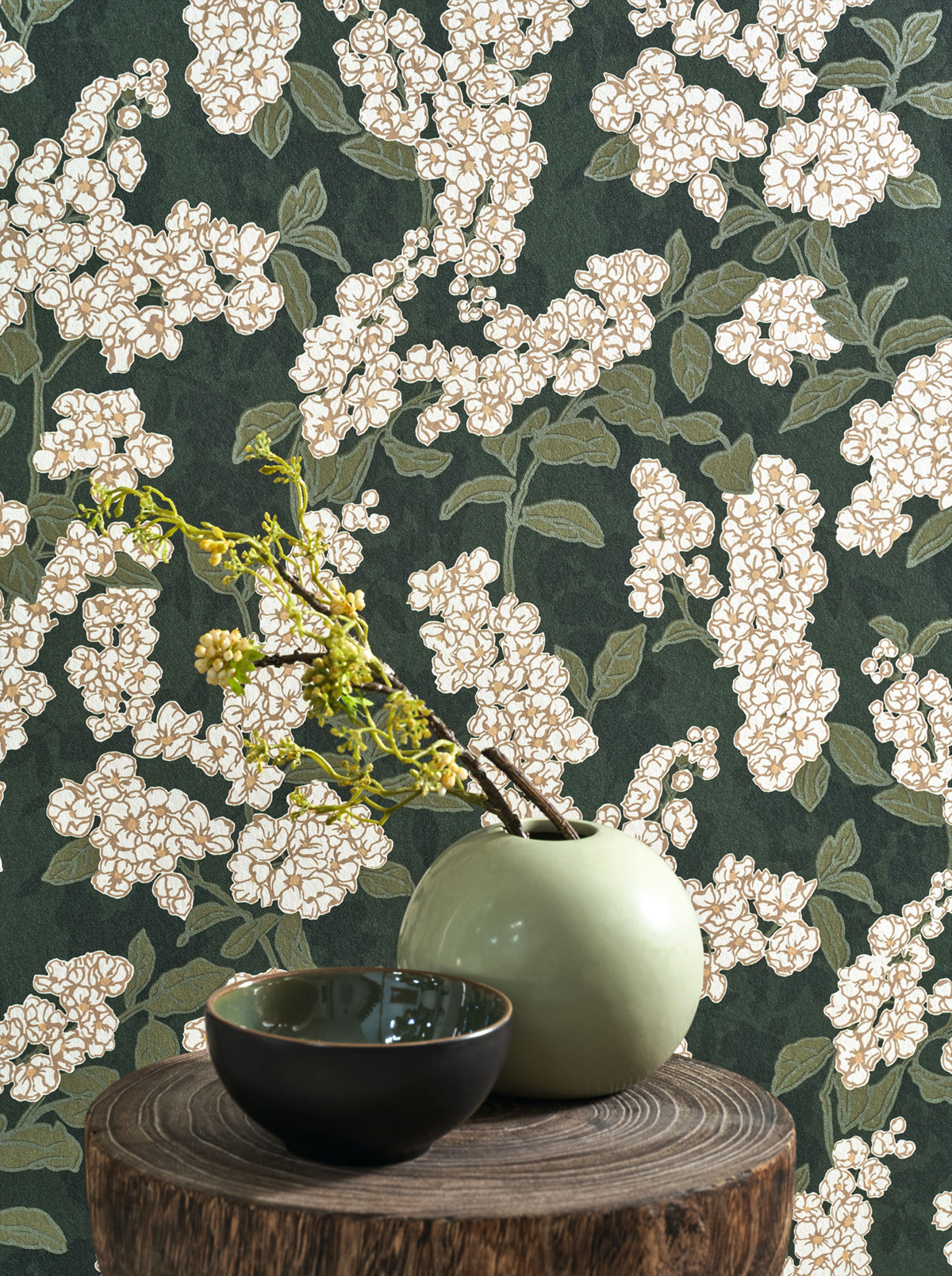 Papier peint Fleurs Ume vert empire - Kyoto de Casadéco AMB2 | Réf. KYTO88737796