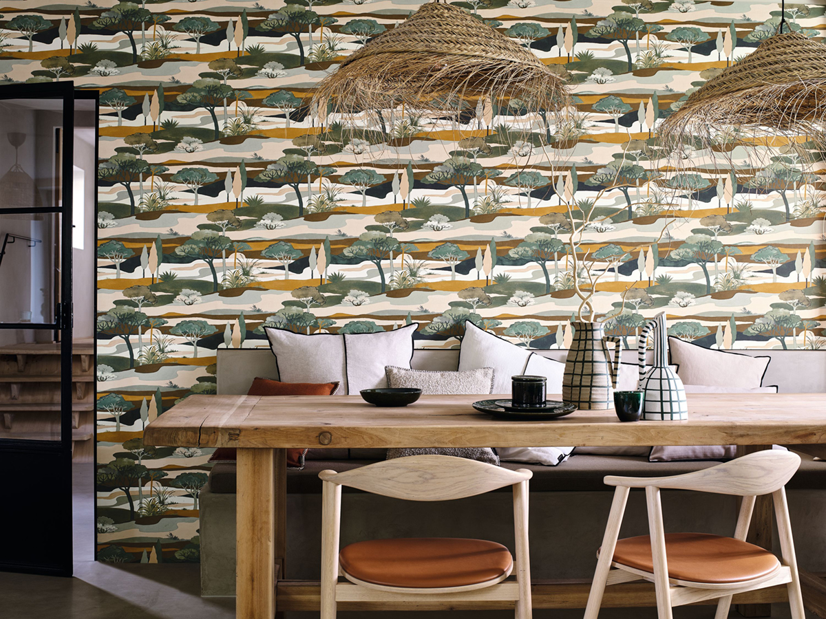 Papier peint Paysage Cap Ferret vert moutarde - L'Ile aux Oiseaux de Casamance AMB2 | Réf. CAS-75870406