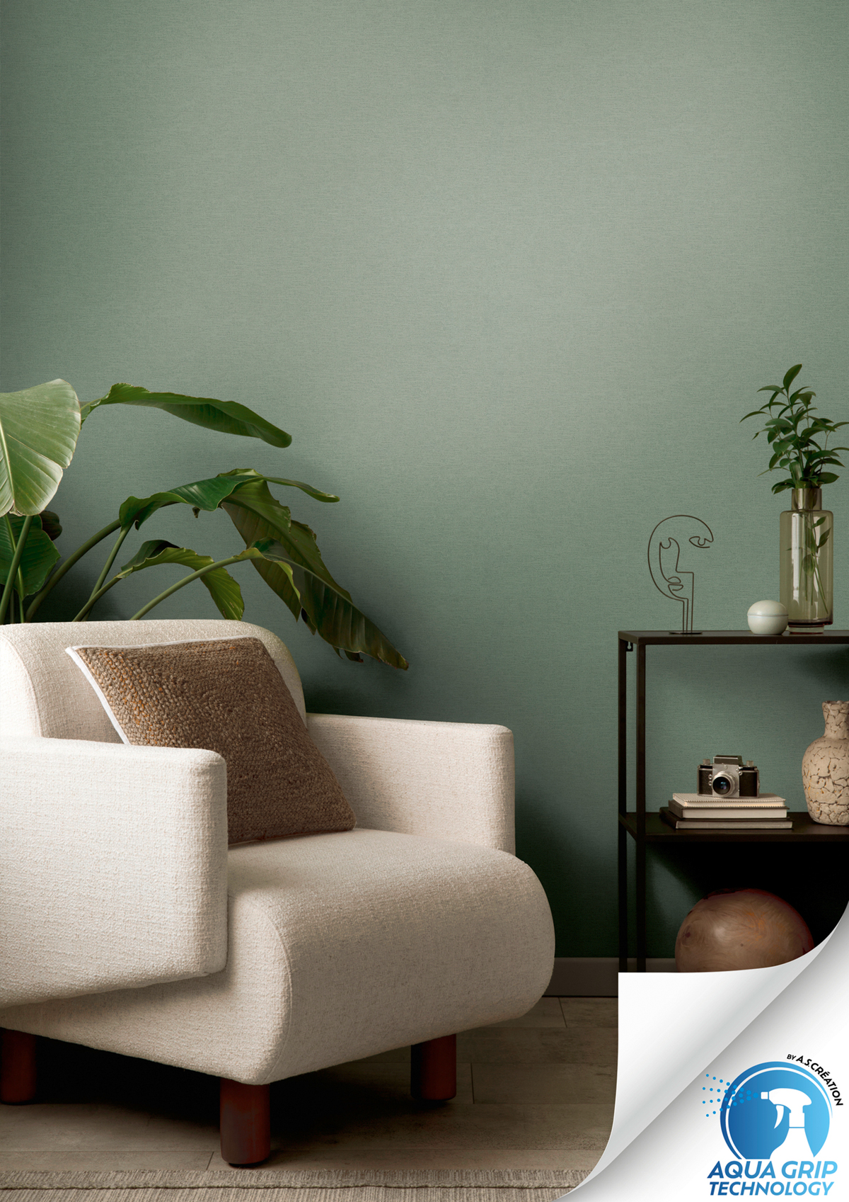 Papier peint préencollé Uni Around vert sauge - Designdrop d'A.S. Création AMB2 | Réf. AS-784991