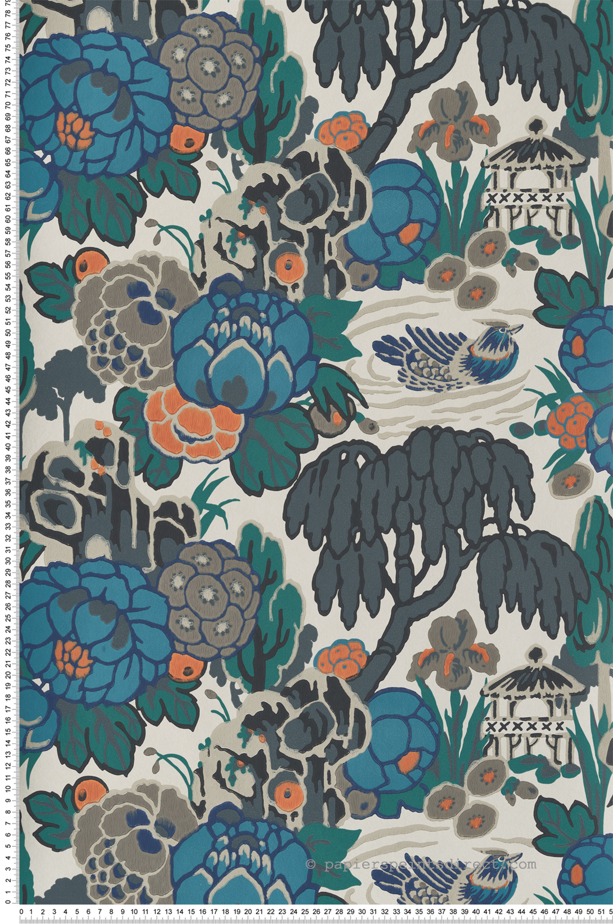 Papier peint Jardin Aquatique Mandarin bleu orange beige - V&A Decorative Papers d'Initiales | Réf. INI-31116903