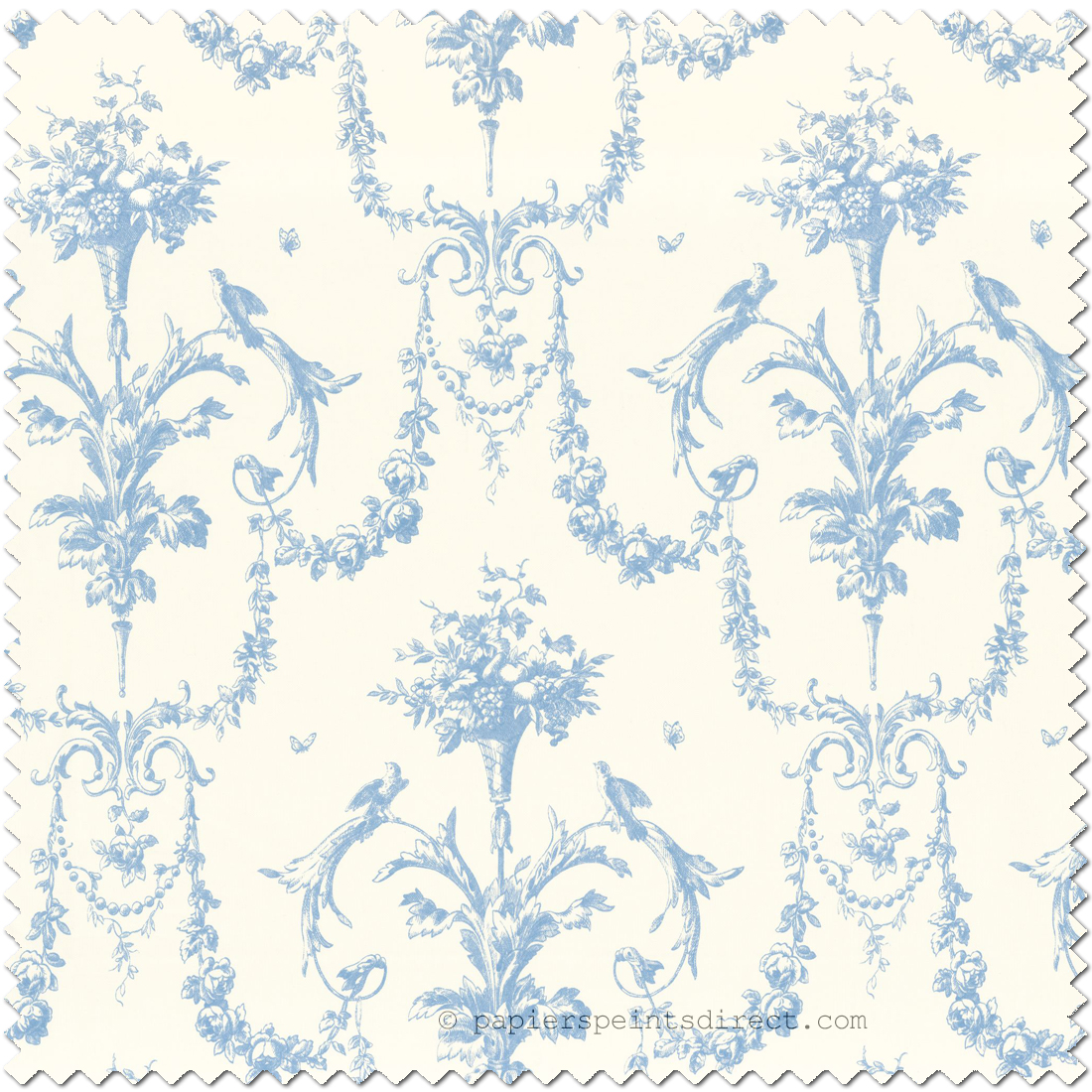 Tissu Baroque et Oiseaux bleu porcelaine - Les Belles Toiles De Jouy de Casadéco | Réf. LBTJ88046716