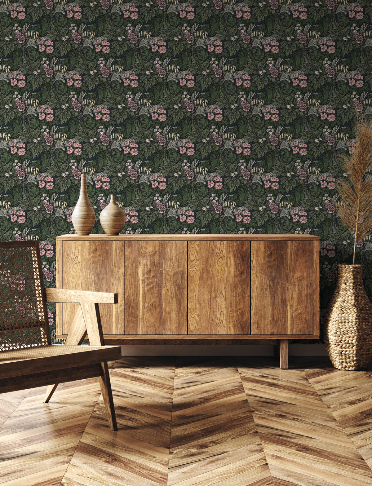 Papier peint Feuillage Luxuriant Fleur vert rose - The Wall Llewelyn-Bowen de Lutèce | Réf. LTC-LB25138