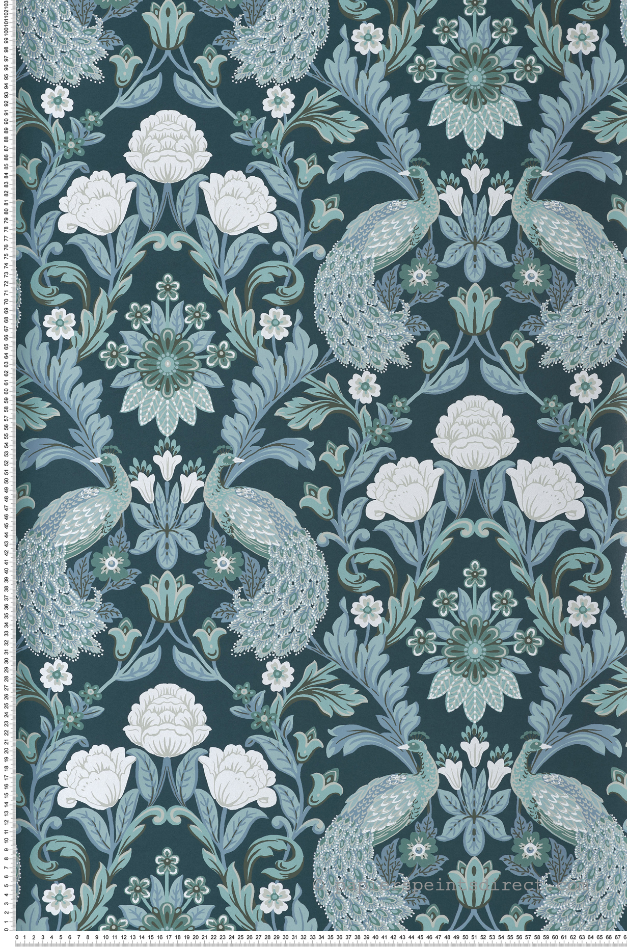 Papier peint Paon Floral Classique bleu paon - Arts & Crafts d'Initiales | Réf. INI-AC9103