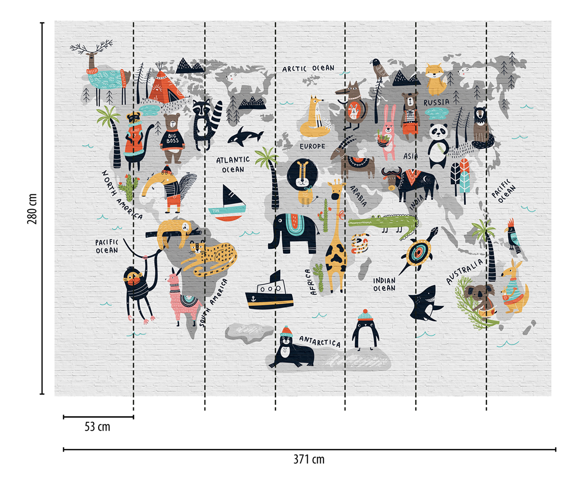 Papier peint panoramique Map Monde Animaux - The Wall d'A.S. Création | Réf. AS-382971