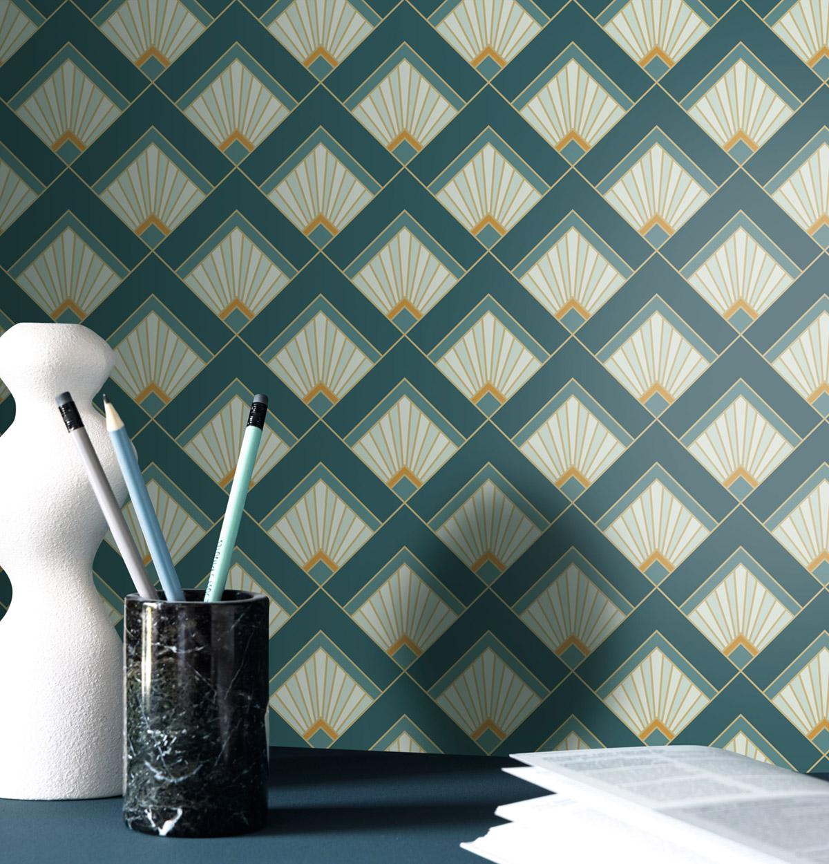 Papier peint Art Déco Carré Effervescence bleu canard doré - Elégance de Casélio | Réf. ELC105316162