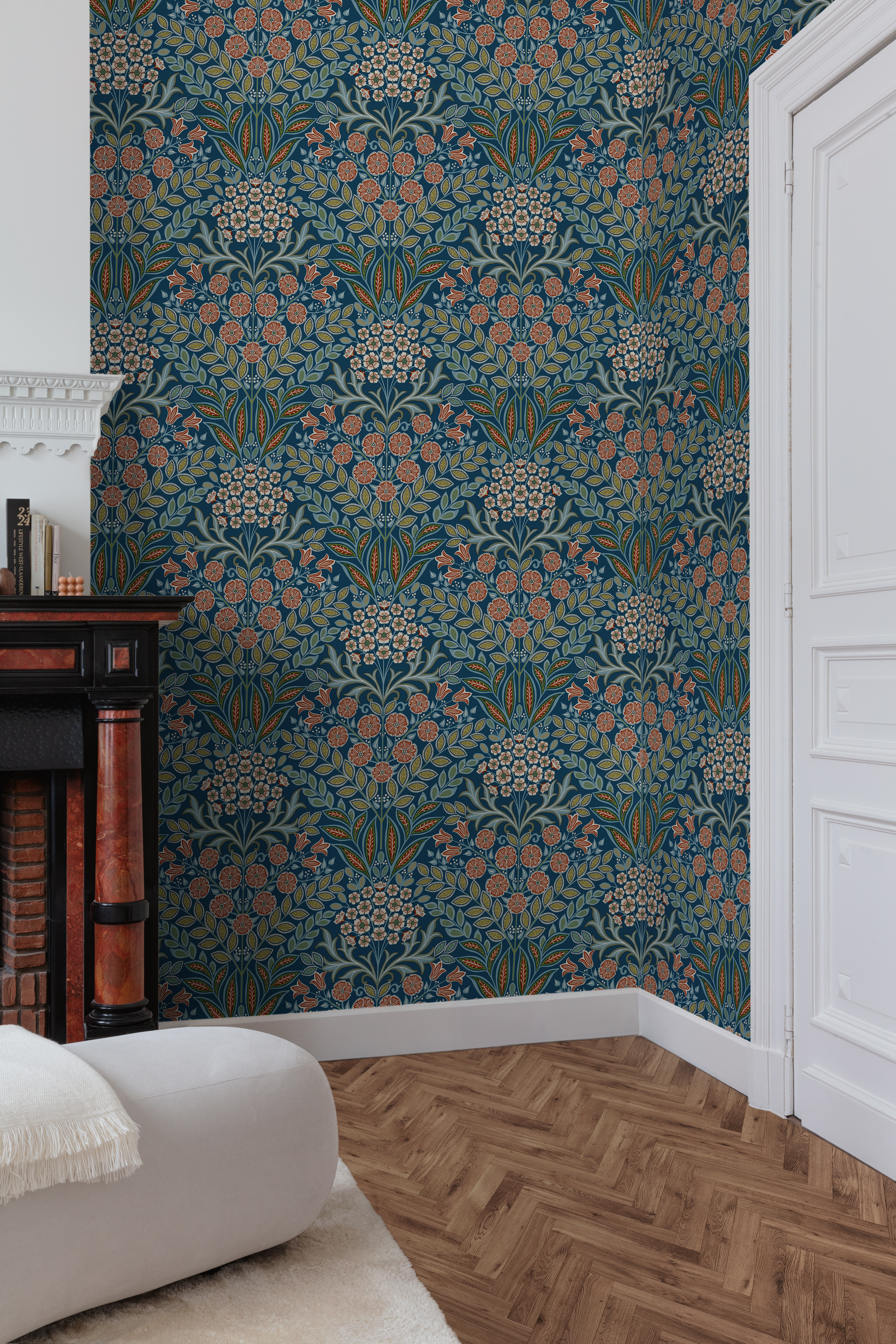 Papier peint Médaillons Fleuris marine brique - Rêverie de Montecolino | Réf. MC-IC2105