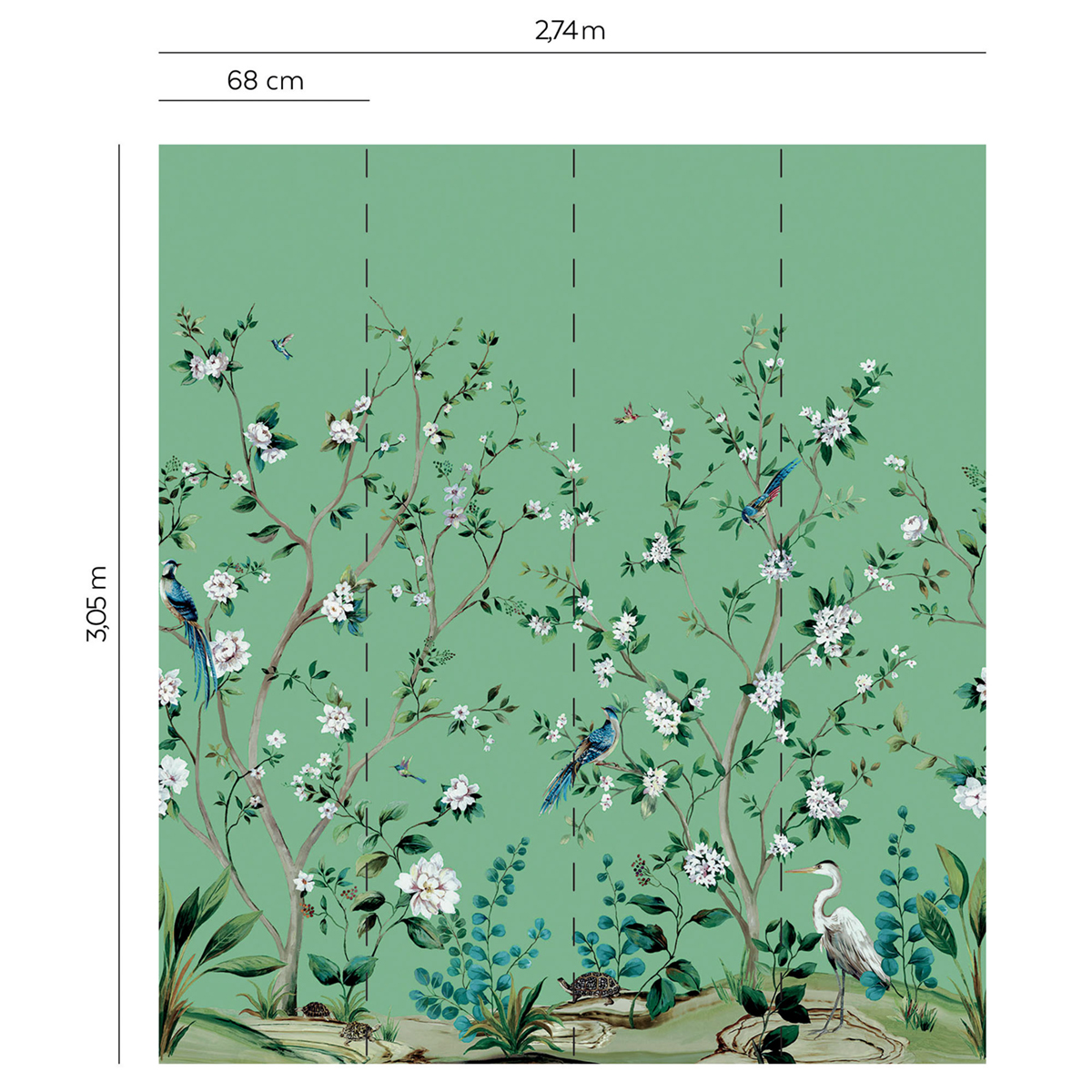 Papier peint panoramique Héron Botanique vert - Daisy Bennett d'Initiales | Réf. INI-DB30104M