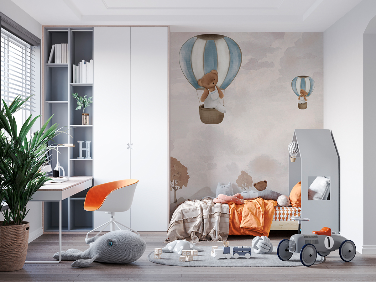 Papier peint panoramique Ourson Balloon Buddies bleu - Farandole de Lutèce | Réf. LTC-CW6135-1