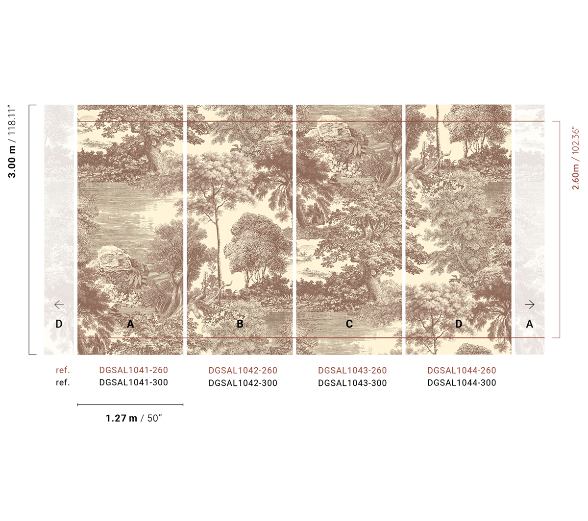 Papier peint panoramique Toile de Jouy Salcey taupe - A H260 - Amazone de Masureel AMB2| Réf. MAS-DGSAL1041-260