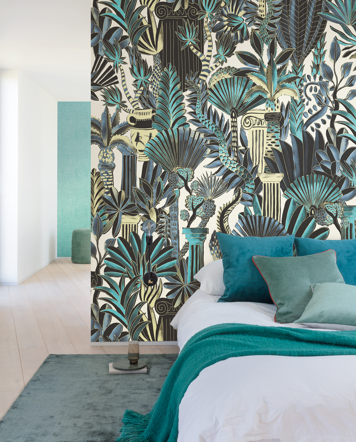 Papier peint panoramique Jungle Antique Trésor bleu paon - A, B, C, D et E H260 - Wall Designs IV de Masureel | Réf. MAS-DG4TRE102X-260