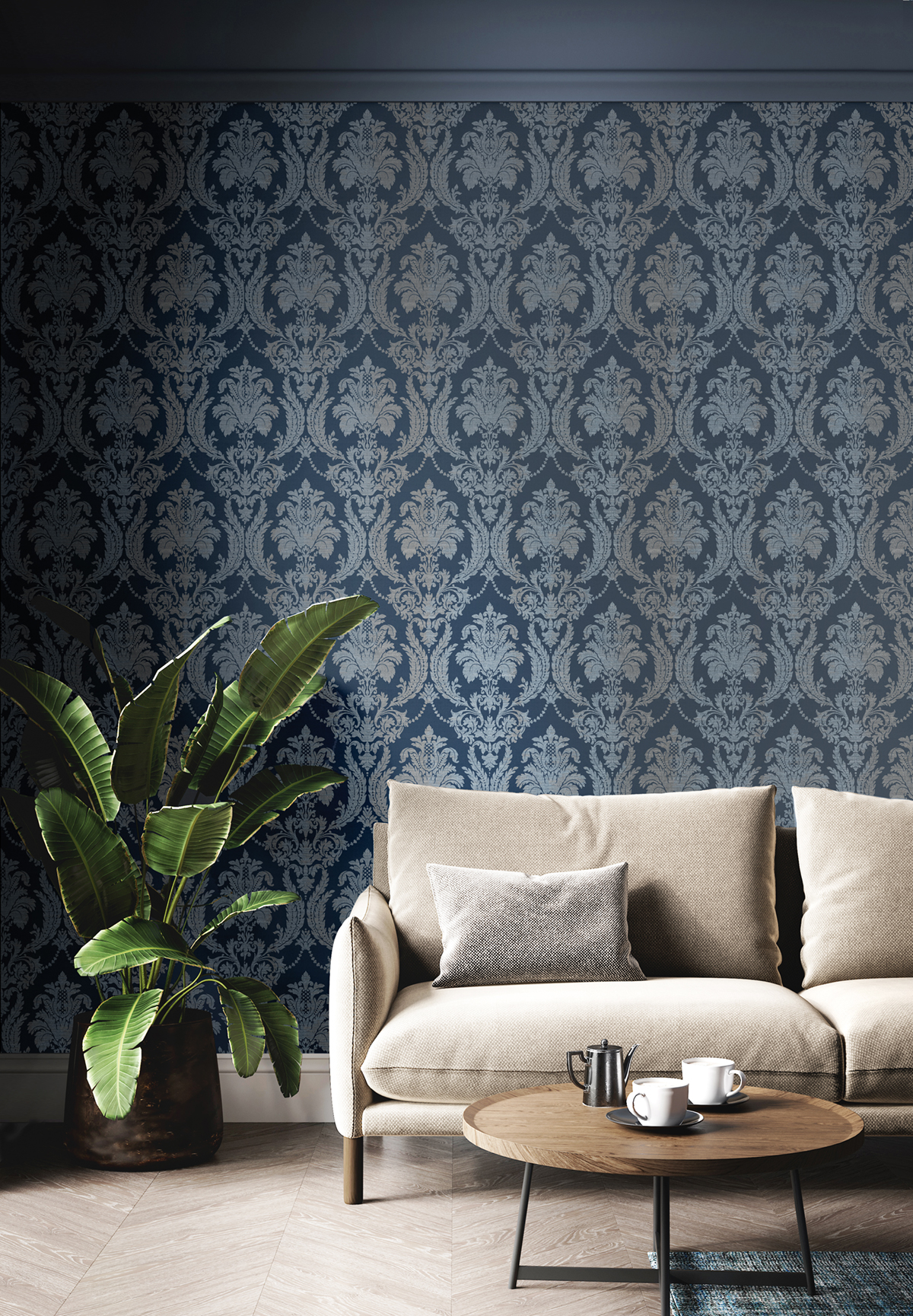 Papier peint Médaillon Baroque bleu jean - Scala de Montecolino | Réf. MC-28809