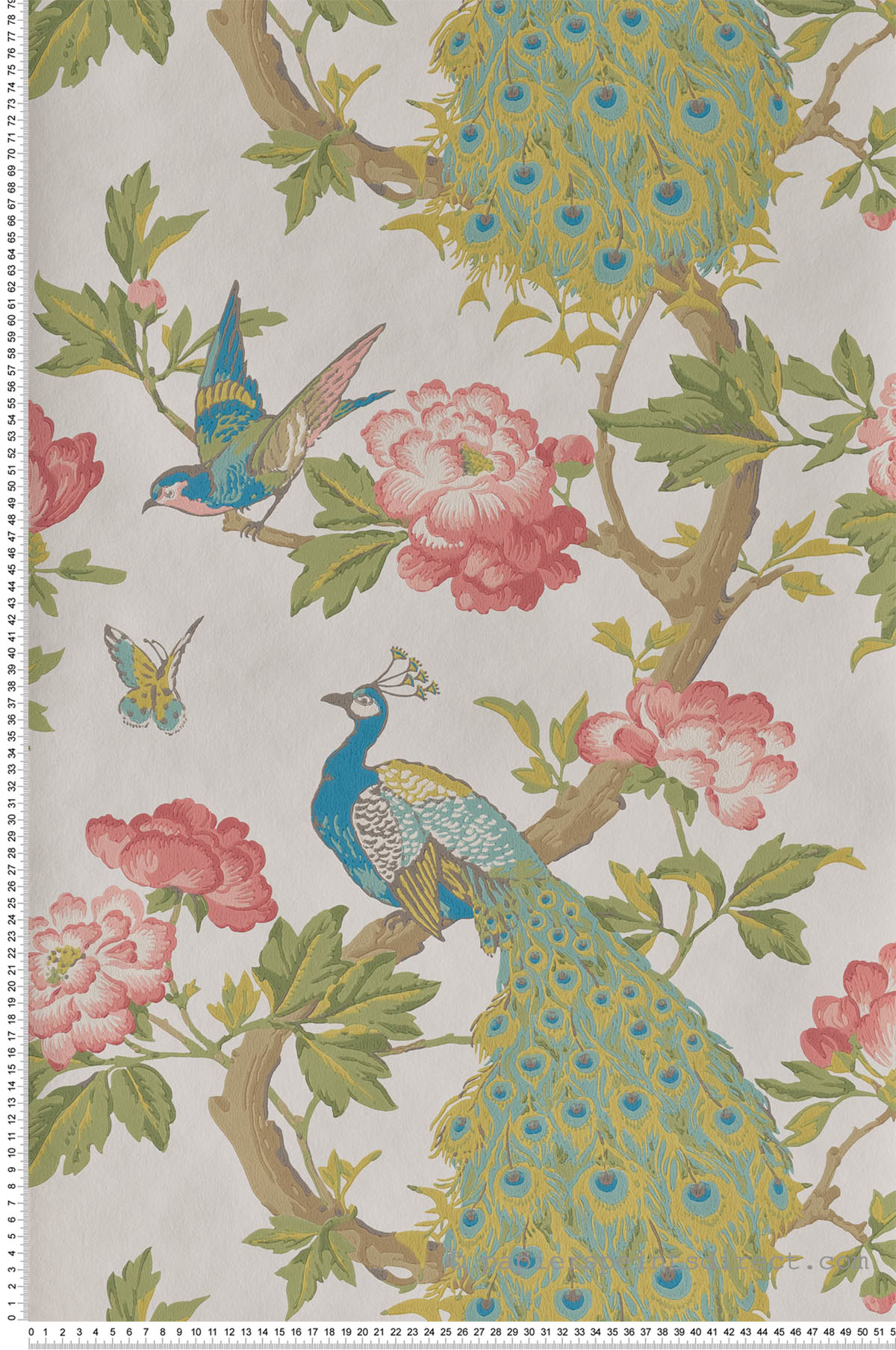 Papier peint vintage paon Pavona Blanche - National Trust Papers de Little Greene | Réf. 0245PABLANC