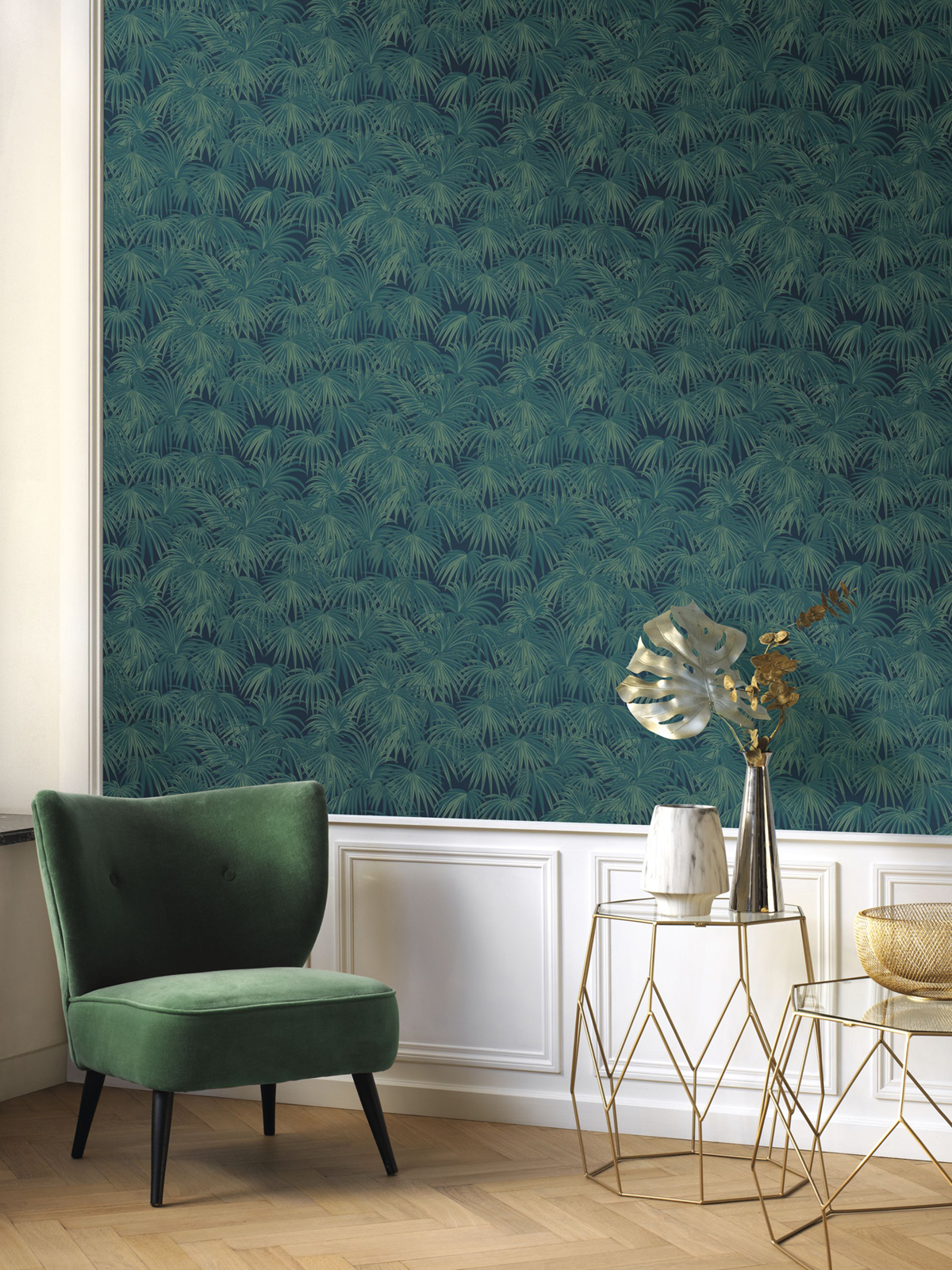 Papier peint Palmier Charleston bleu paon - Twenties de Casadéco | Réf. TWNT88657557