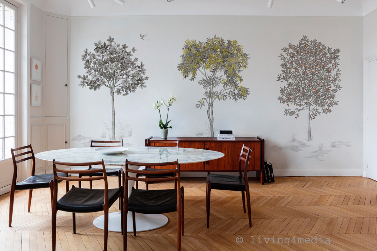 Papier peint panoramique Arbustes Gris - Figuier + Mimosa + Arbousier - Isidore Leroy AMB1