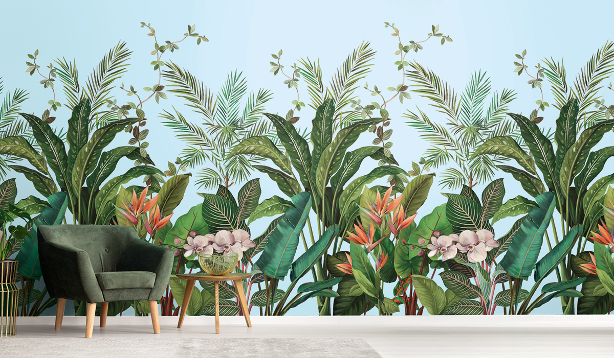 Papier peint panoramique Plante Oiseau de Paradis bleu clair - Daisy Bennett d'Initiales | Réf. INI-DB31702M