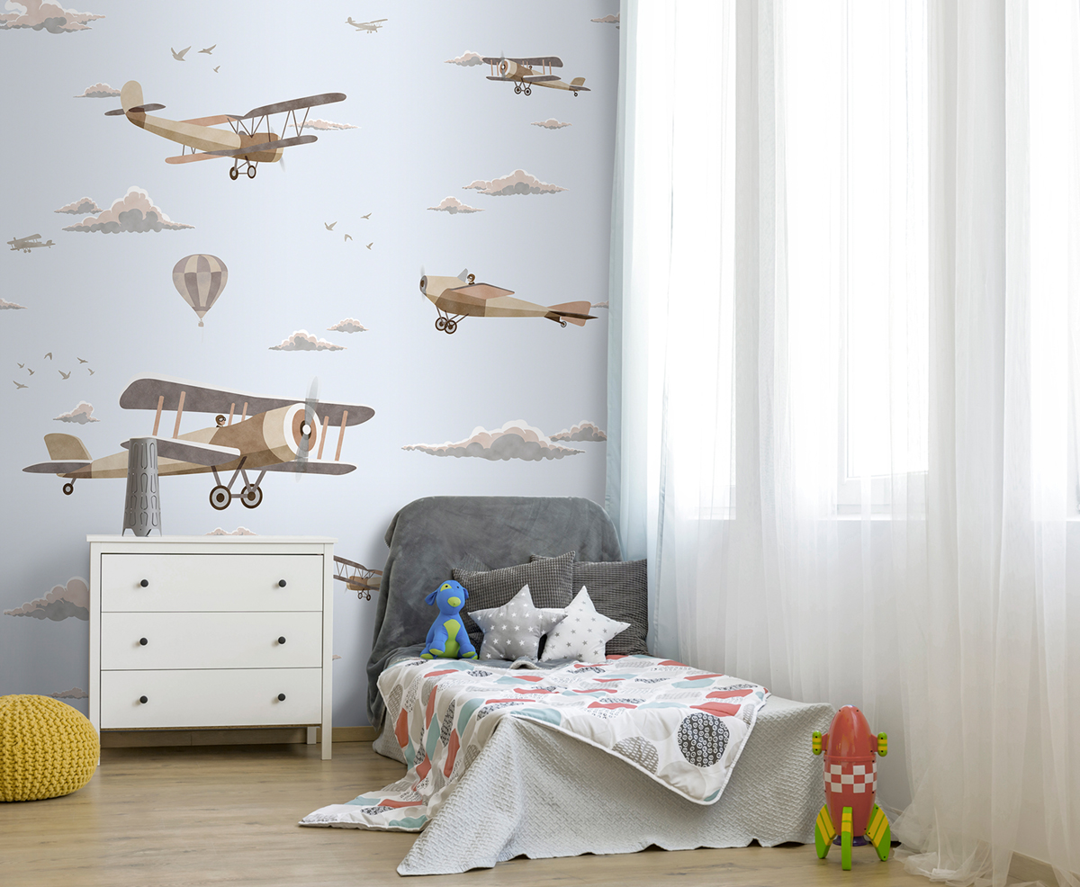 Papier peint panoramique Avion Biplane gris bleuté - Panorama 2 de Lutèce | Réf. LTC-PAN1893C