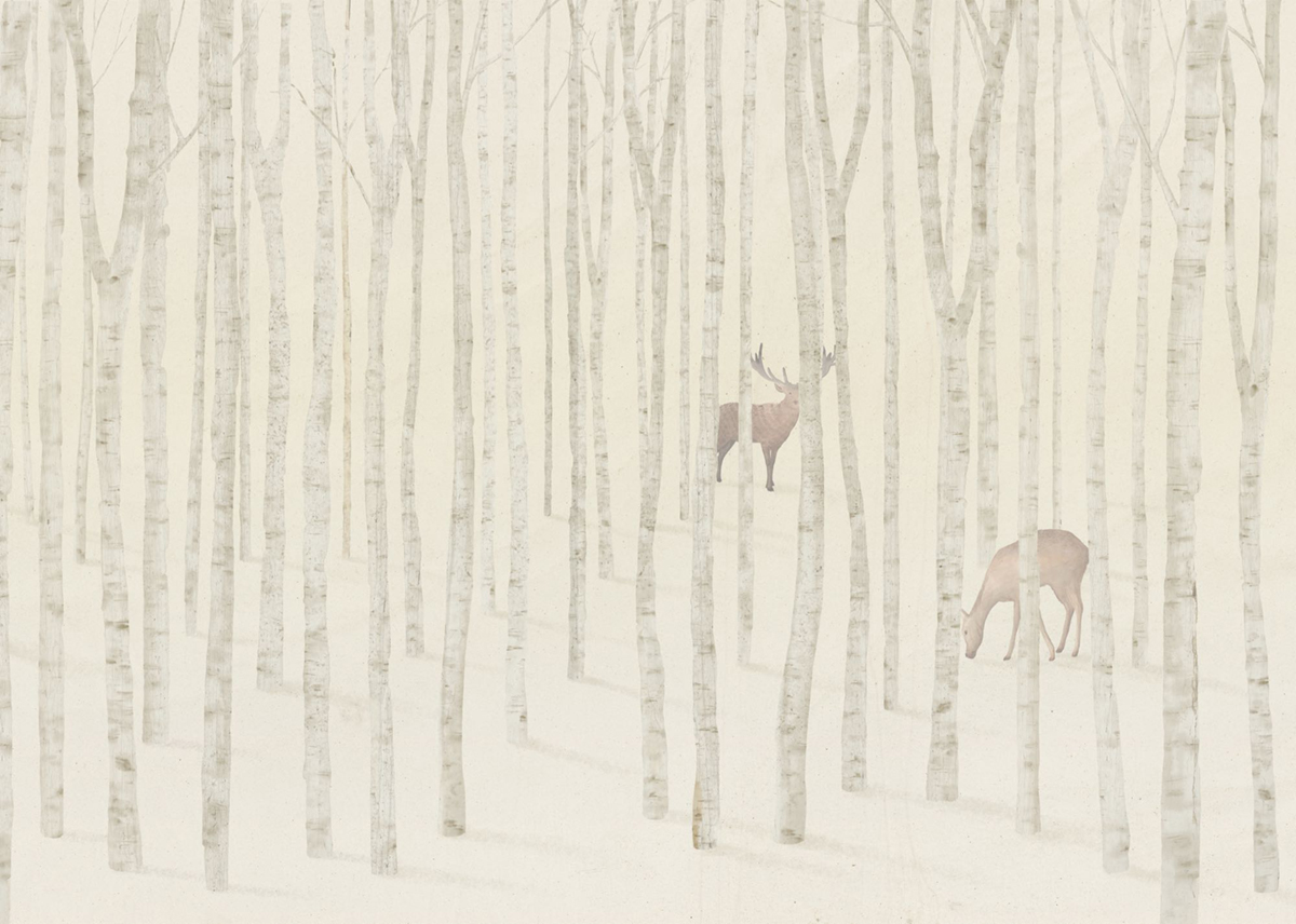Papier peint panoramique Forêt Cerfs beige - Seasons de Komar