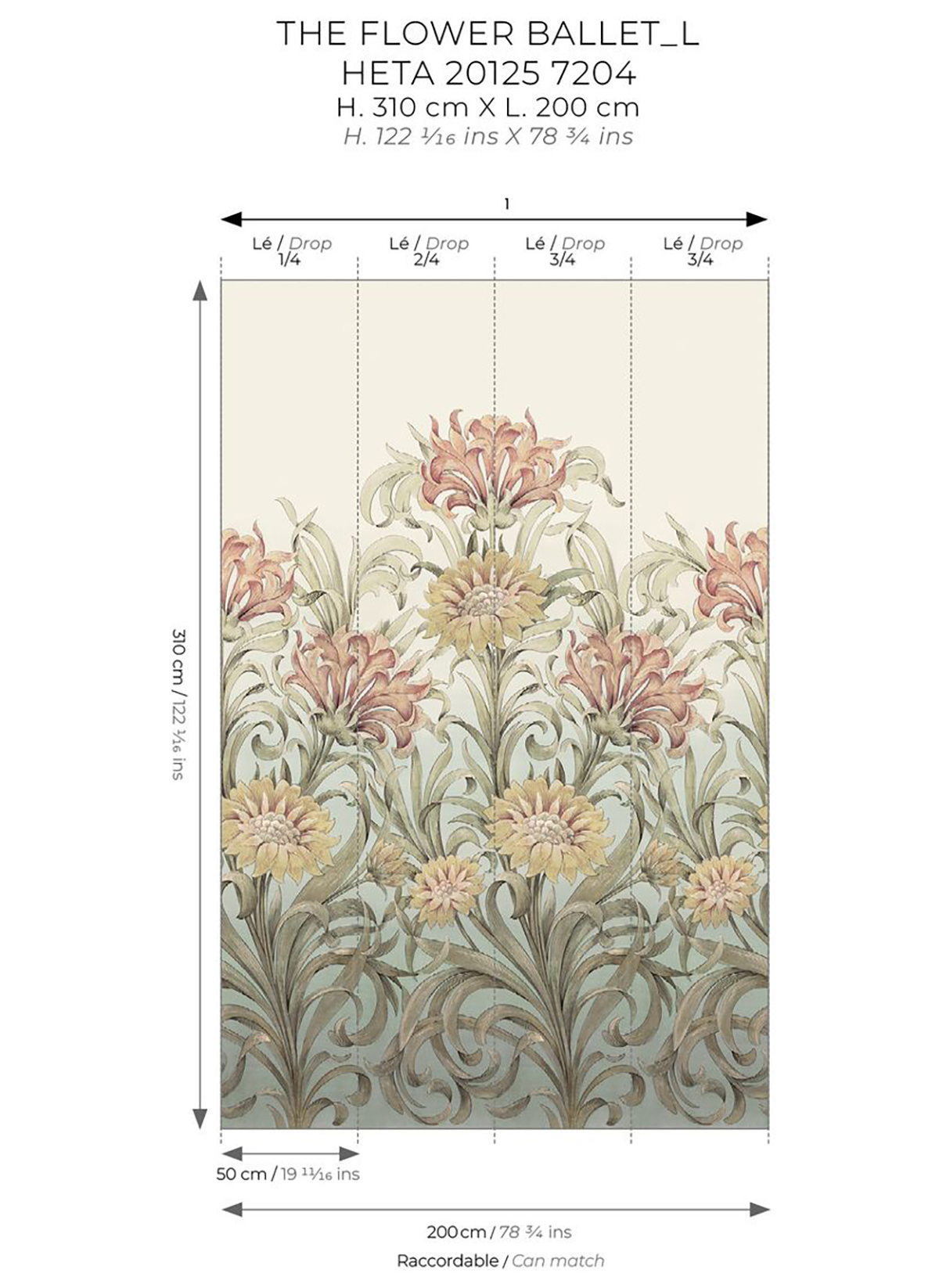 Papier peint panoramique Fleurs Ballet L vert bordeaux 200X310 - Heritage de Casadéco AMBR | Réf. HETA201257204