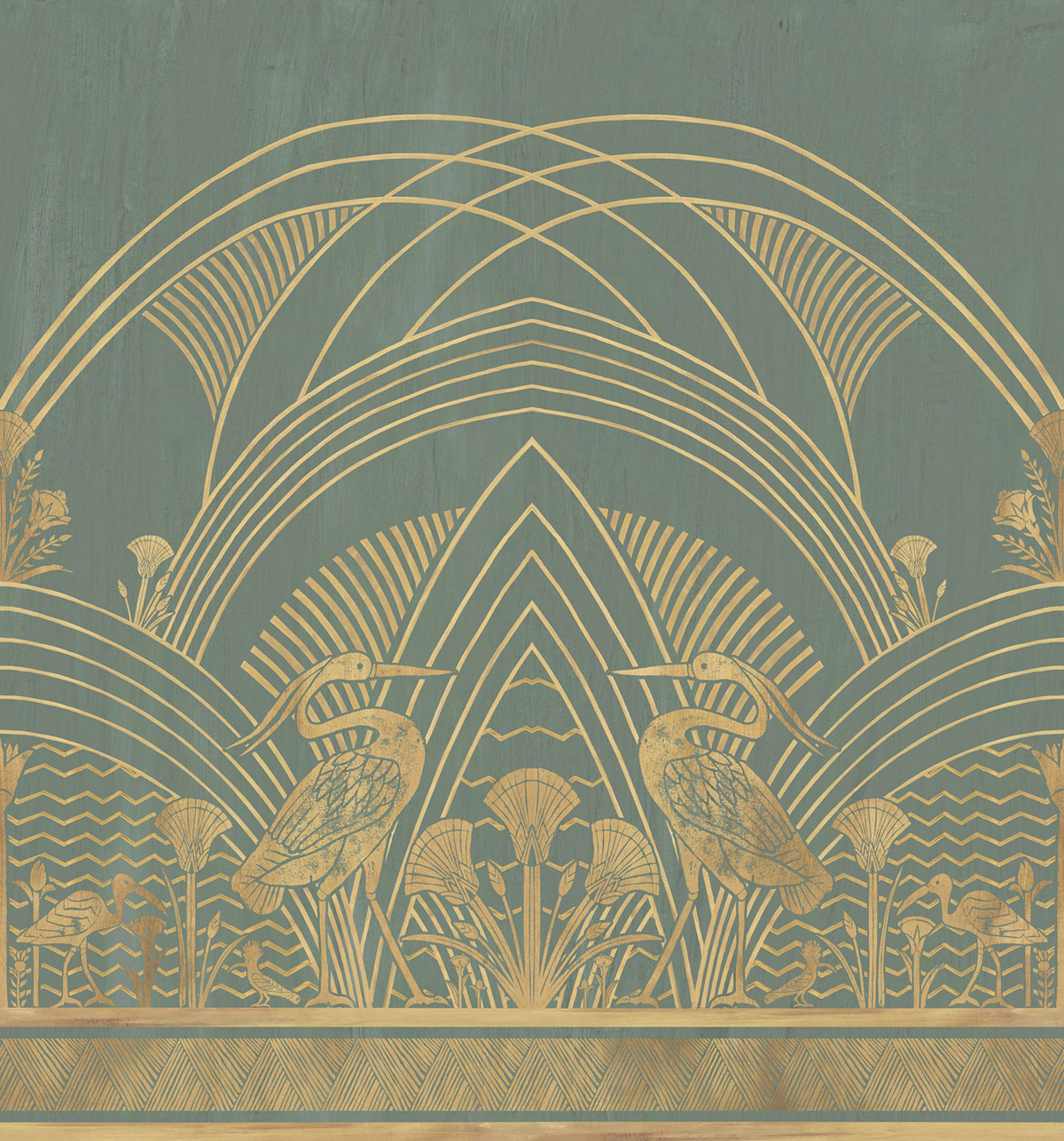 Papier peint panoramique Oiseau Éléphantine vert lichen doré - Panoramas 3 de Casamance | Réf. CAS-A76193364