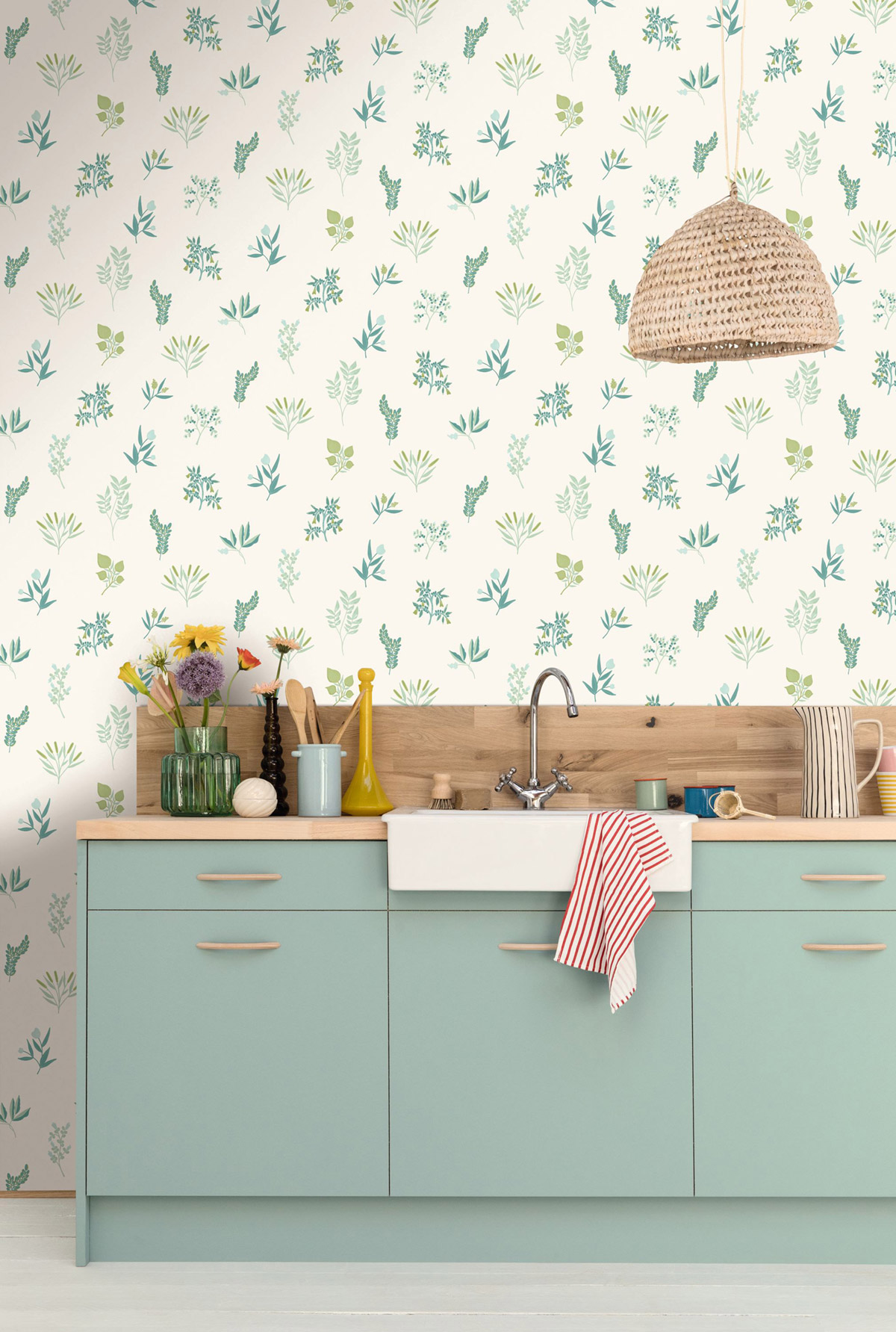 Papier peint Vintage Bouquet Luck vert d'eau bleu - Green Life 2 de Casélio | Réf. GNL2105370721