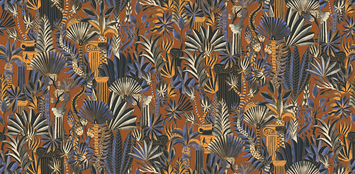 Papier peint panoramique Jungle Antique Trésor orange brique - A, B, C, D et E H260 - Wall Designs IV de Masureel | Réf. MAS-DG4TRE103X-260