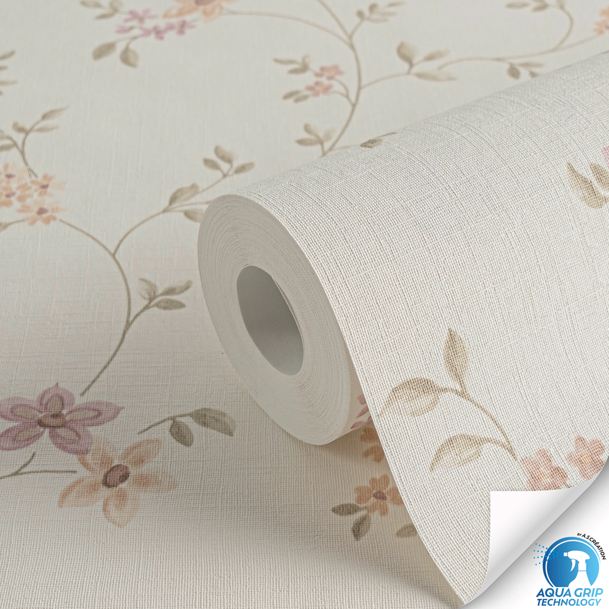 Papier peint préencollé Ramage Fleur Charme vert beige - Designdrop d'A.S. Création ZOOM ROLL | Réf. AS-784551