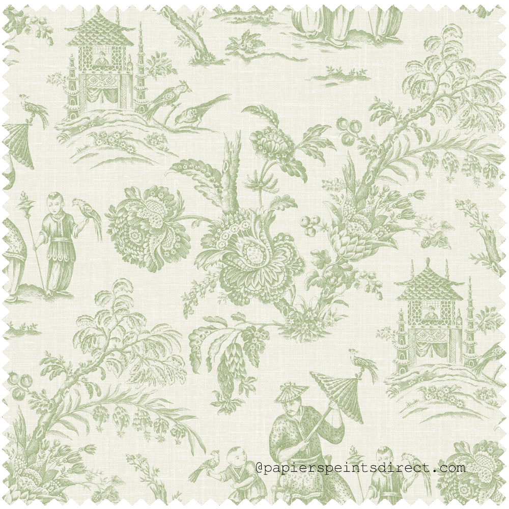 Tissu Toile De Jouy Chinoiserie vert blanc - French Country d'Initiales | Réf. INI-FC62804F