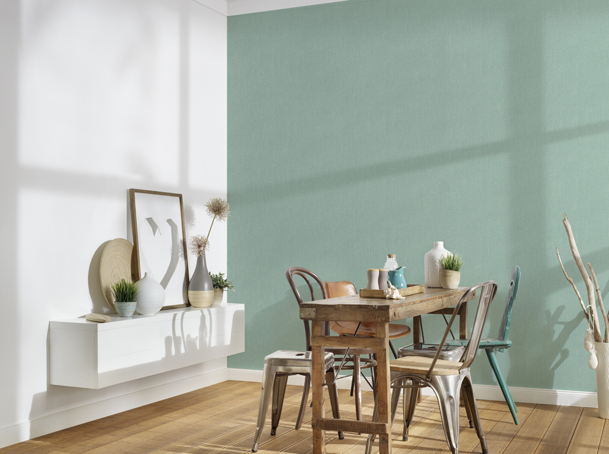 Papier peint Uni Tissé Délicat vert d'eau - Stories of Life d'A.S. Création | Réf. AS-396511