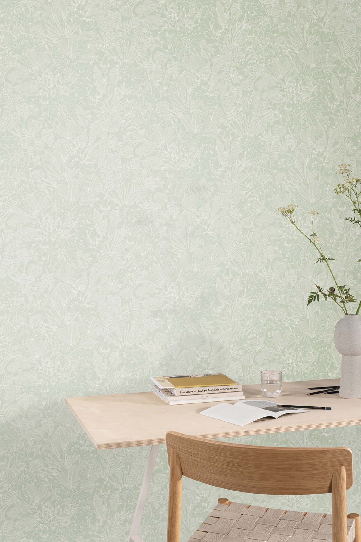 Papier peint Esquisse Fleurie Bellis vert d'eau - Romance de Masureel | Réf. MAS-ROM105