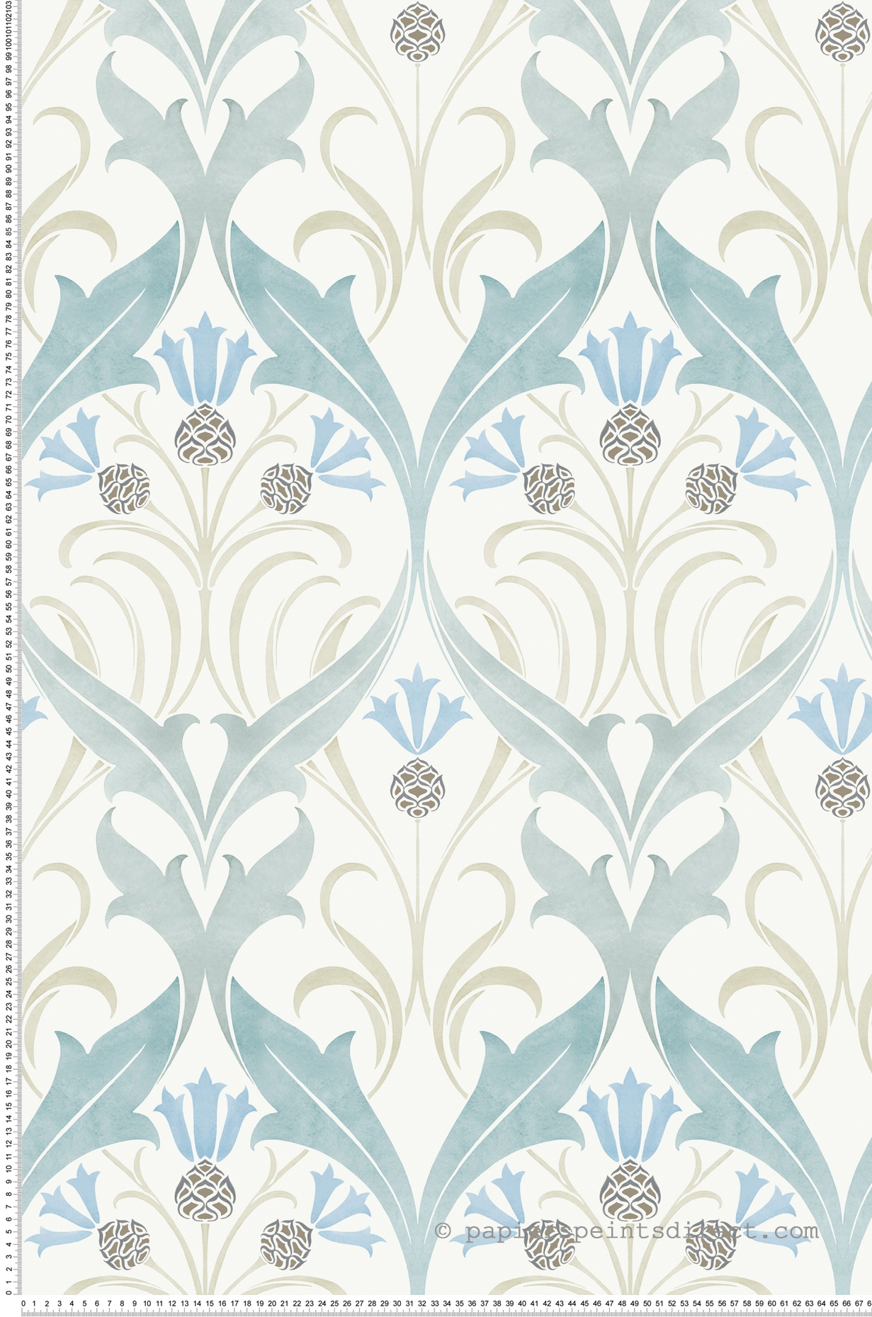 Papier peint Médaillon Pomme de Pin bleu vert doux - Arts & Crafts d'Initiales | Réf. INI-AC9171