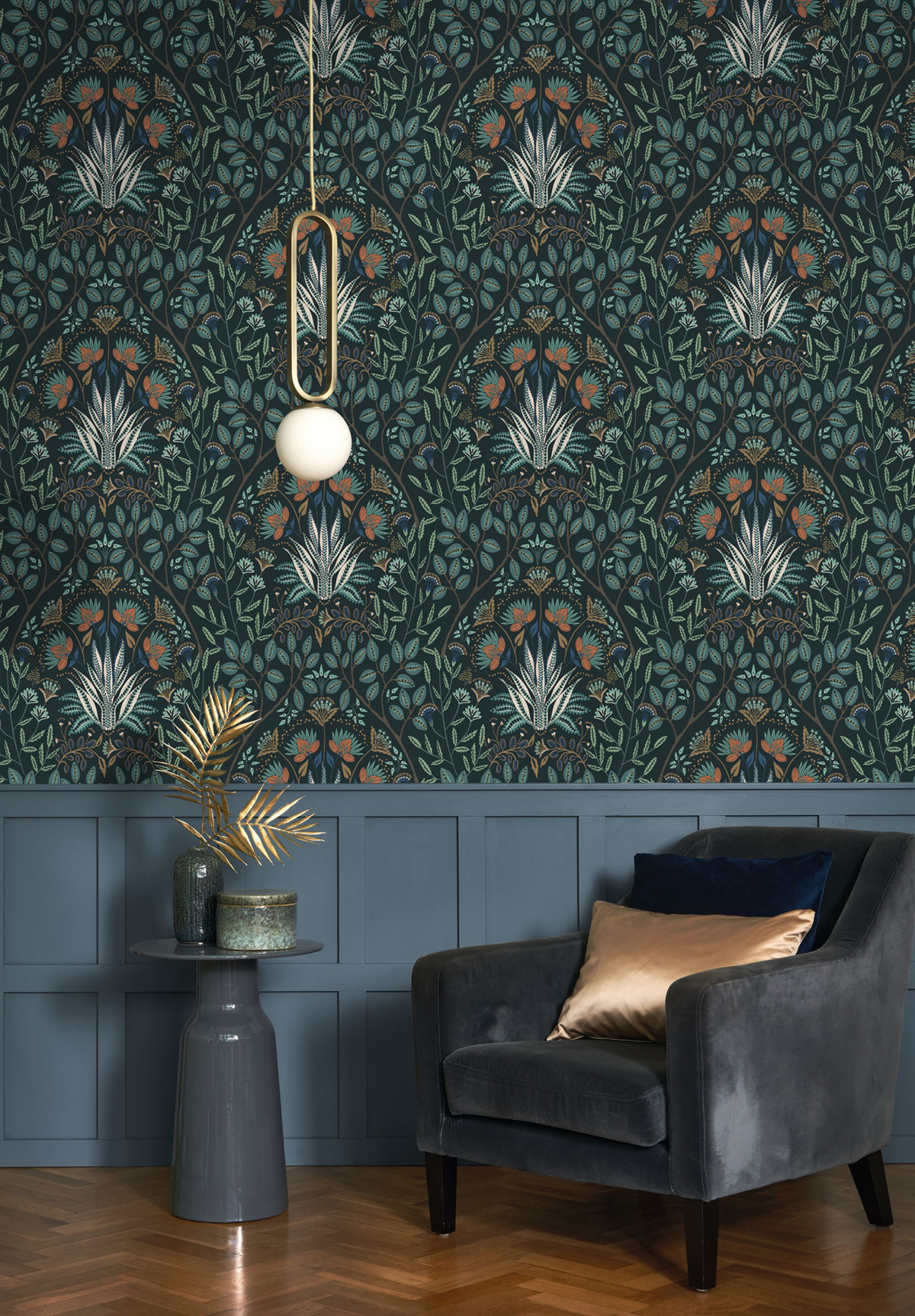 Papier peint Fleur Baroque Lords bleu paon - Derby de Casadéco | Réf. DERB89296821