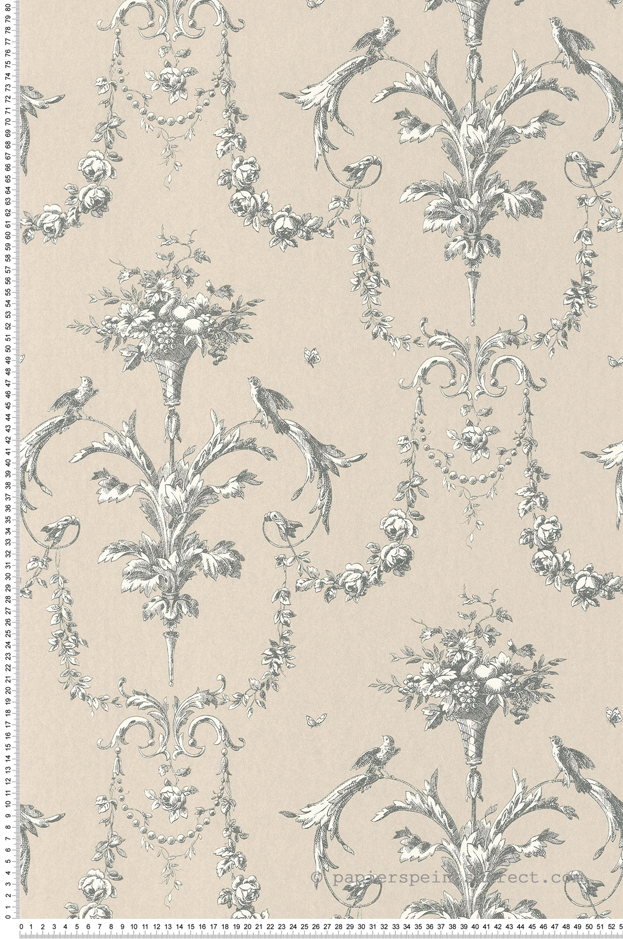 Papier peint Baroque et Oiseau grège et fusain - Les Belles Toiles De Jouy de Casadéco AMBV | Réf. LBTJ87929621