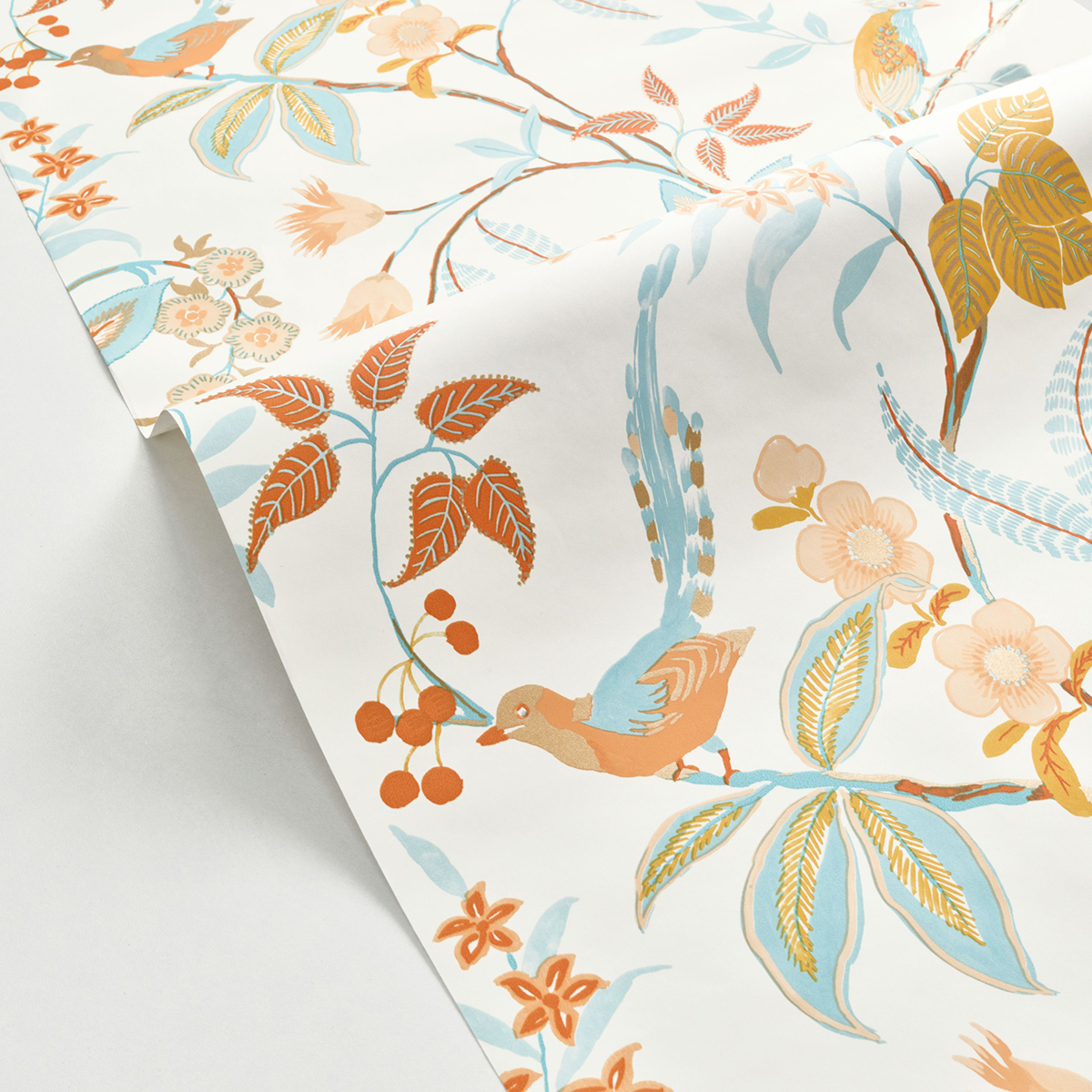 Papier peint Oiseau Feuillage Happy orange bleu mordoré - Happy Therapy de Casélio AMBV | Réf. HTH104060354