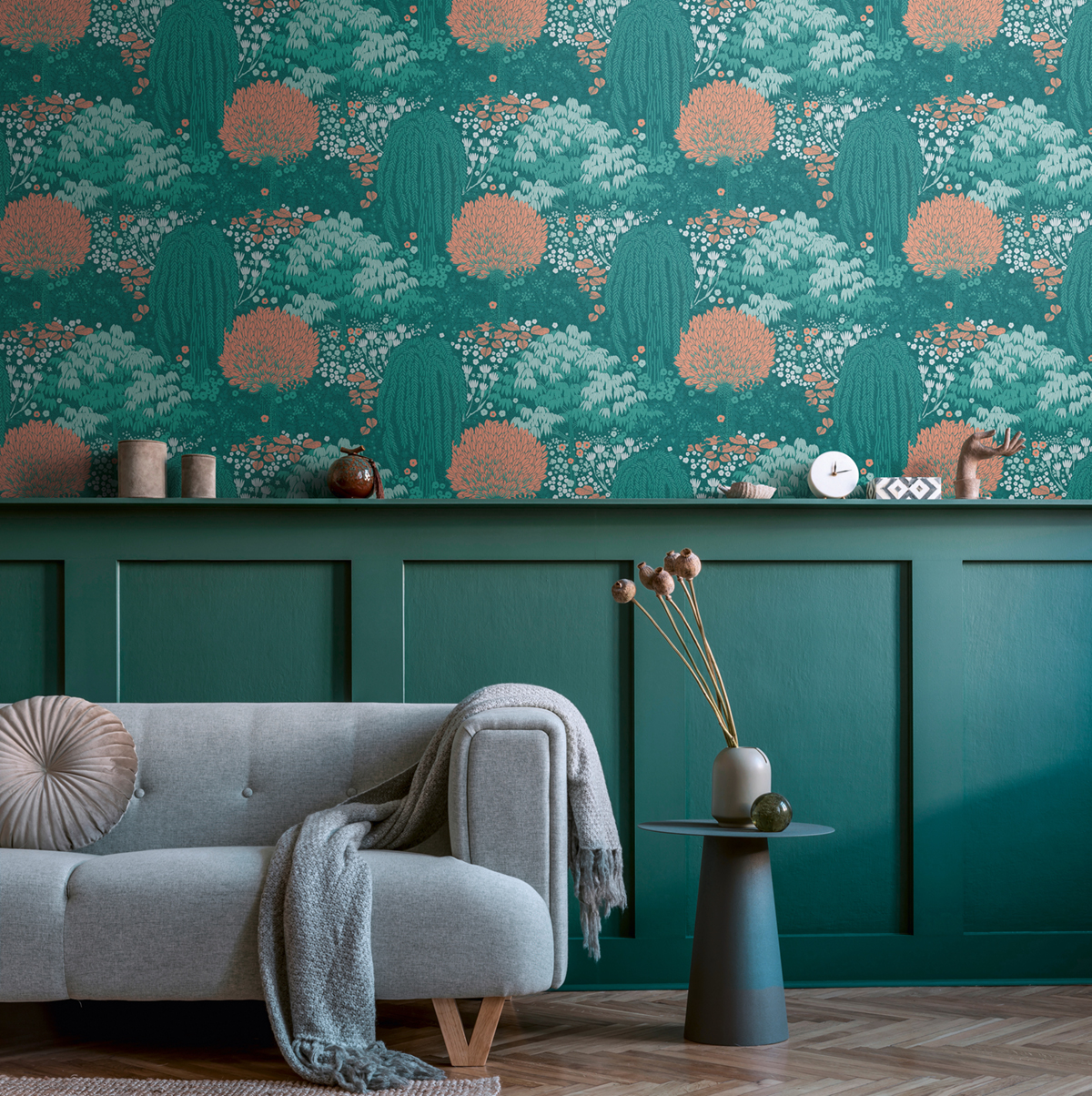 Papier peint Feuilles Arbres Giverny vert paon corail - Famous Garden d'A.S. Création AMB2 | Réf. AS-393503