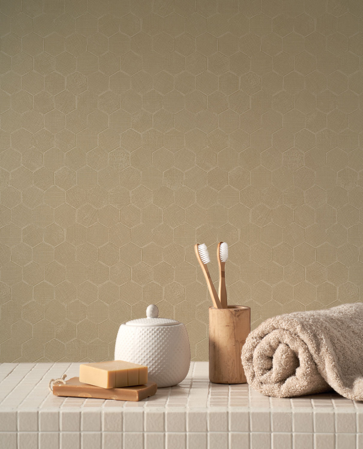 Papier peint Hexagone Meli beige vanille doré - Solaris de Casadéco | Réf. SOLA201911860
