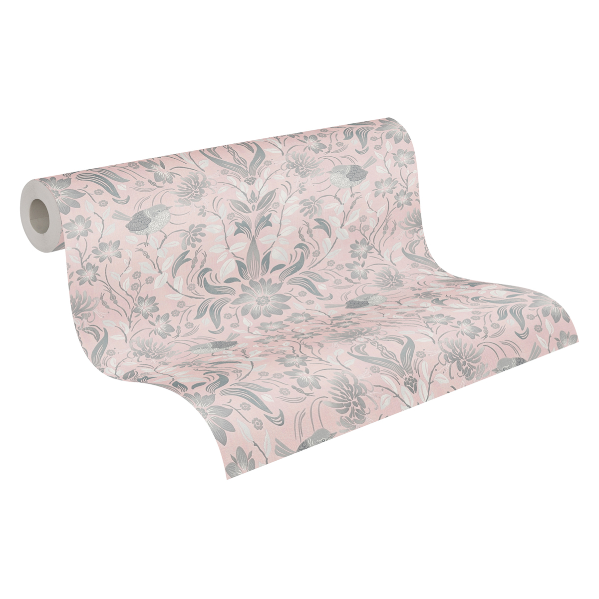 Papier peint Fleuri Oiseau Blooming rose gris - Maison Charme d'A.S. Création ROLL | Réf. AS-390752