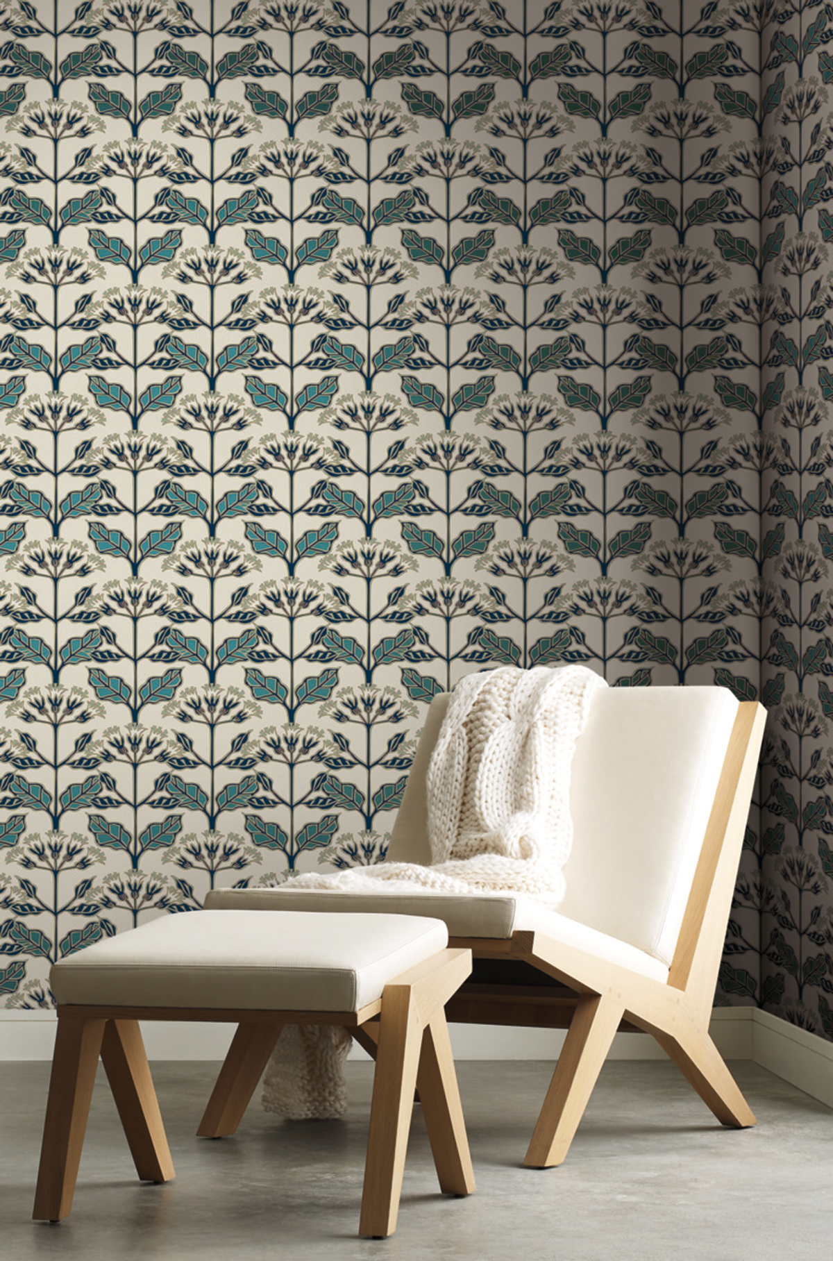 Papier peint Primevère Graphique vert bleu doré - Arts & Crafts d'Initiales | Réf. INI-AC9112